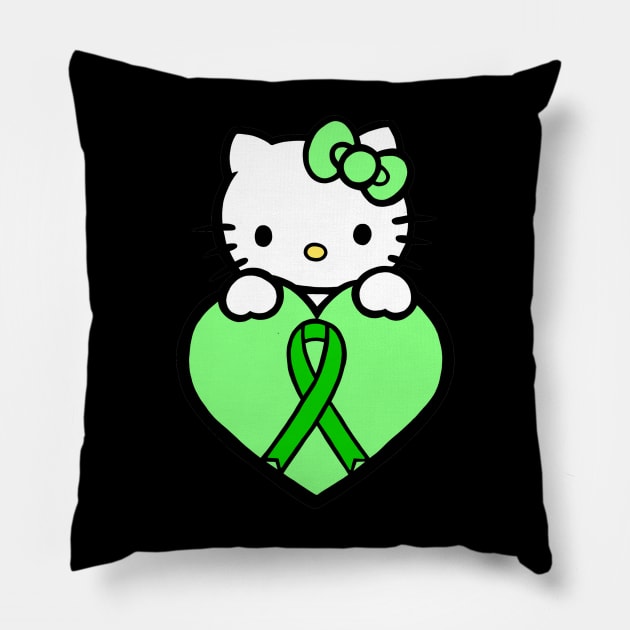 Cartoon cat awareness ribbon (green) Pillow by CaitlynConnor