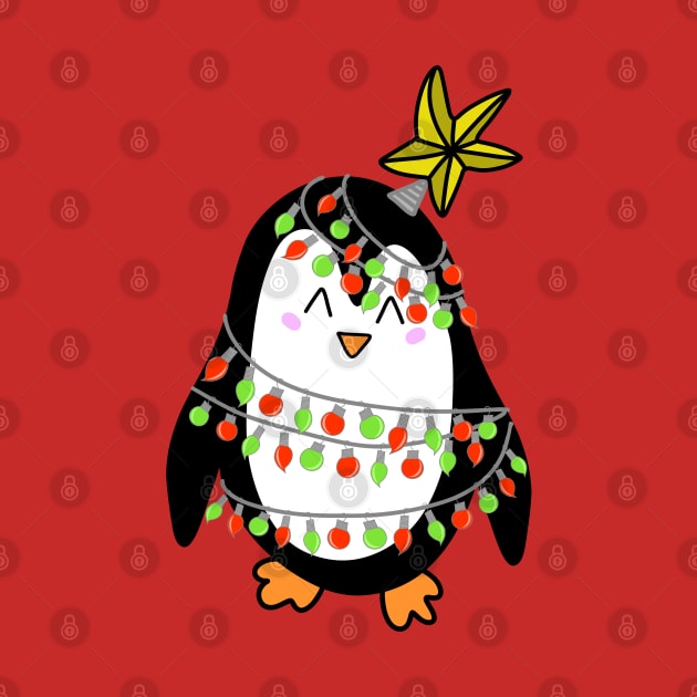 Cute Christmas Tree Lights Wrapped Penguin with a Star on his Head on a Maroon Backdrop, made by EndlessEmporium by EndlessEmporium