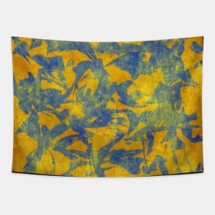 Abstract Blue on Orange and Yellow Tapestry