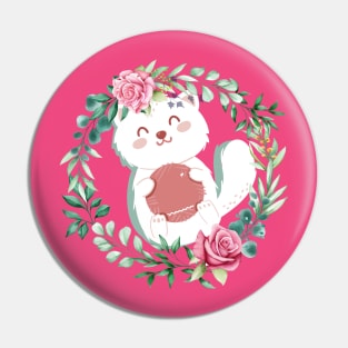 Cute Cat With Flowers and pink background Pin