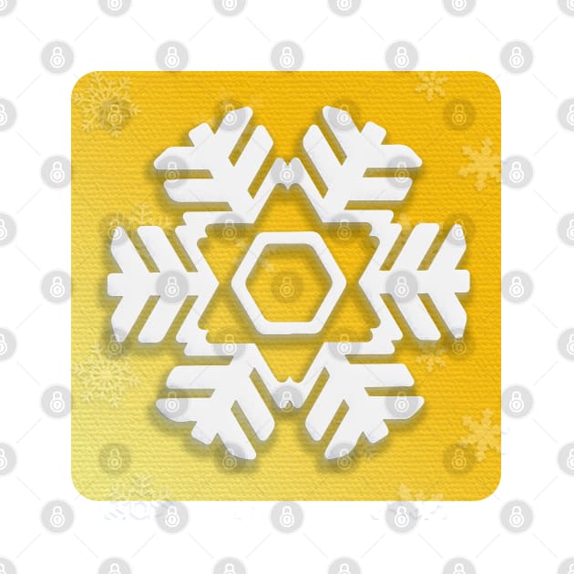 Snowflake Winter Holiday Christmas Kids Party Decoration. White Snowflake on yellow christmas tree background. by sofiartmedia