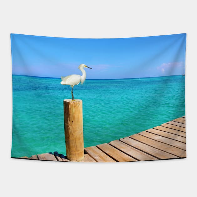 Snowy Egret at the Ocean Pier Tapestry by lauradyoung