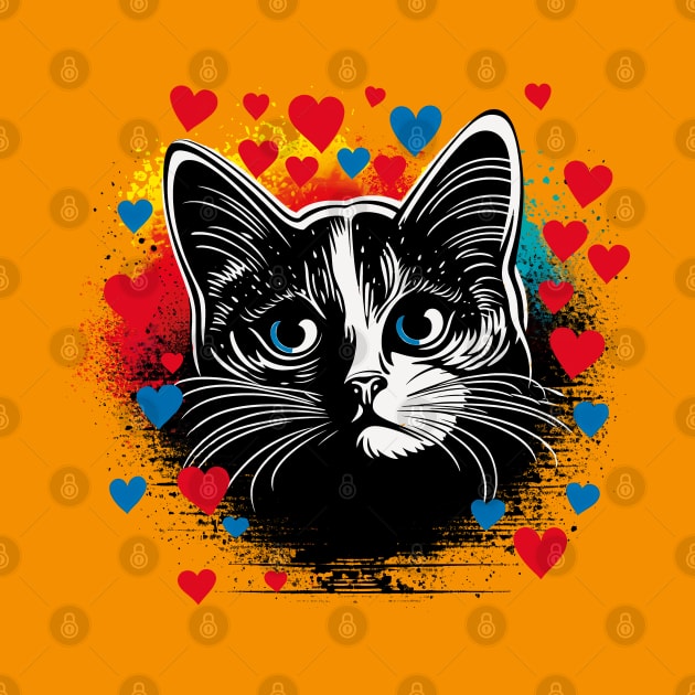 Expressionist black cat hearts design love for cat owner gift by Czajnikolandia