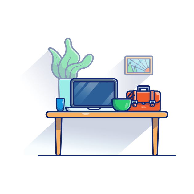 Table, Laptop, Cup, Bowl, Leaf, Vas, Picture And workbag Cartoon by Catalyst Labs