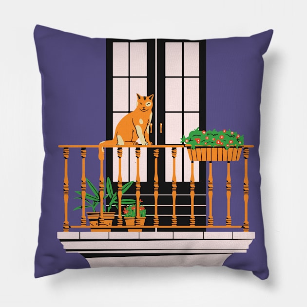 Cat at balcony Pillow by SkyisBright