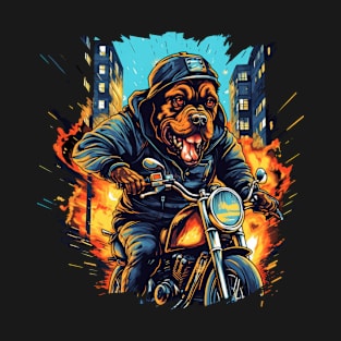 A dynamic t-shirt design featuring a Rottweiler Dog riding a vintage motorcycle T-Shirt