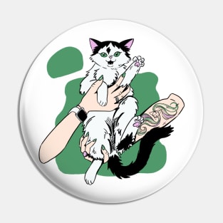 black and white cat Waffle in woman hands Pin