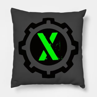 Green Letter X in a Black Industrial Cog Pillow