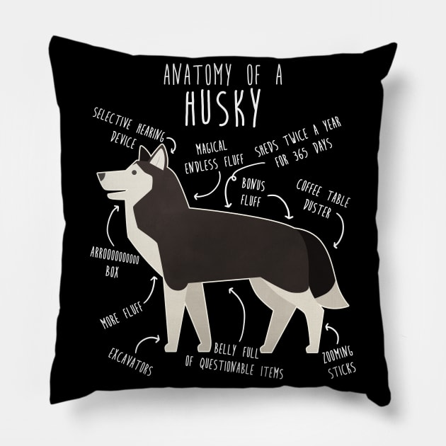 Black and White Siberian Husky Dog Anatomy Pillow by Psitta