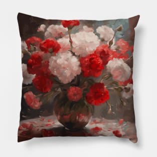 Red and White Carnations Modern Still Life Painting in a Glass Vase Pillow