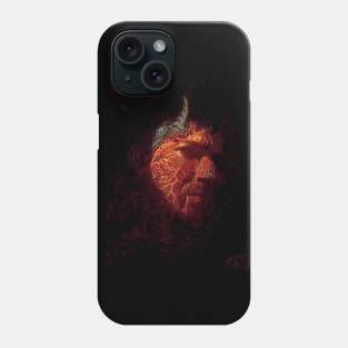 Portrait, digital collage and special processing. Devil face, side. Horn and lava texture. Red spots, glowing orange. Phone Case