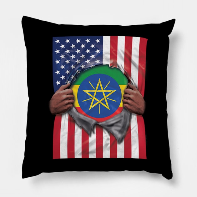 Ethiopia Flag American Flag Ripped - Gift for Ethiopian From Ethiopia Pillow by Country Flags