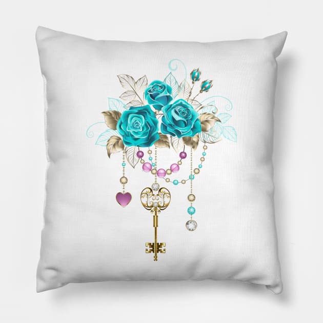 Turquoise Roses with Keys Pillow by Blackmoon9