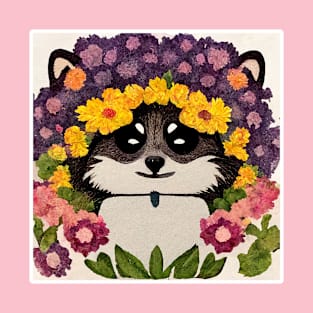 Cute Raccoon Painting With Flowers T-Shirt