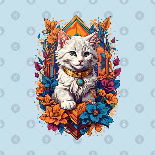 White Kitten art deco retro vintage fusion design by Neon City Bazaar