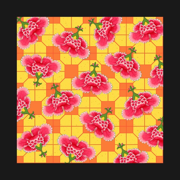 Chinese Vintage Pink and Red Flowers with Yellow and Orange Tile - Hong Kong Traditional Floral Pattern by CRAFTY BITCH