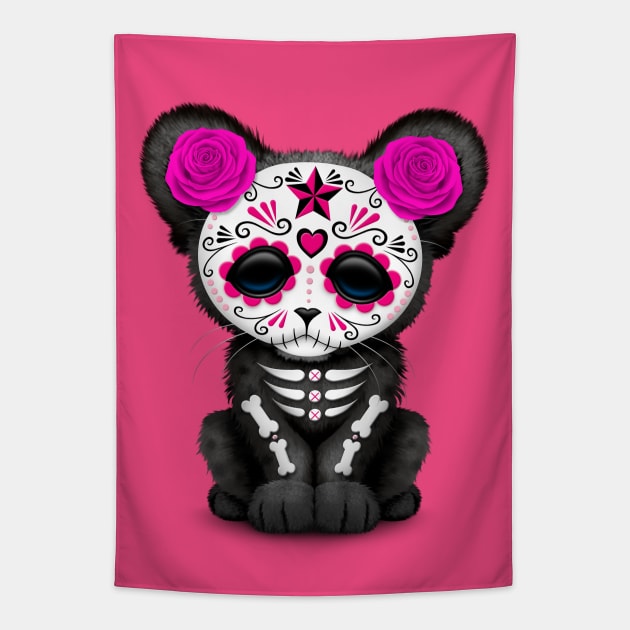 Pink Day of the Dead Sugar Skull Panther Cub Tapestry by jeffbartels