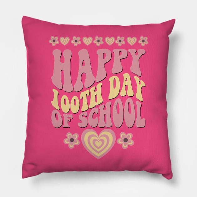 Happy 100th Day of School Pink Retro Groovy Pillow by BasicallyBeachy