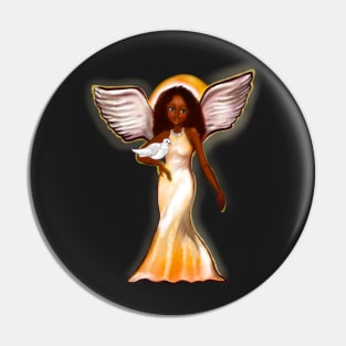 Angel with dove - Black angel of peace ! With glow, Afro hair, green eyes, Cherry pink lips and dark brown skin. Hair love ! Pin