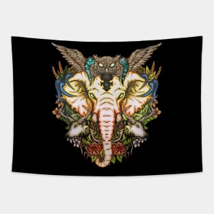 The majestic elephant with the creature of the night the owl Tapestry