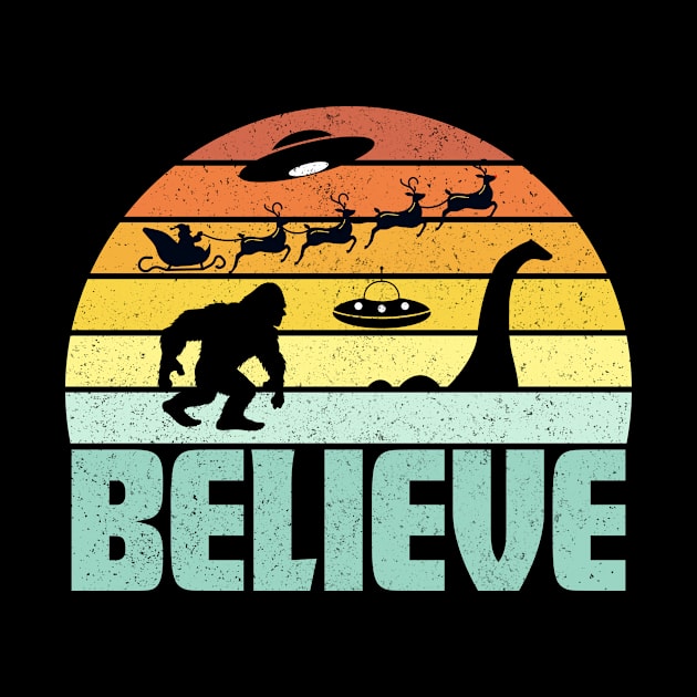 Believe Santa Claus Bigfood Yeti Nessie UFO Retro Sunset Gift by peter2art