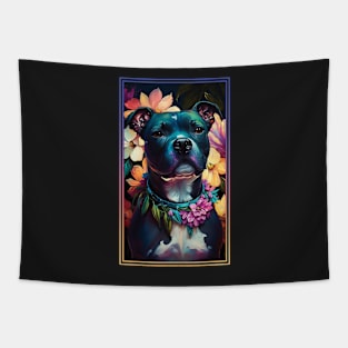 American Staffordshire Terrier Pitbull Vibrant Tropical Flower Tall Digital Oil Painting Portrait  3 Tapestry