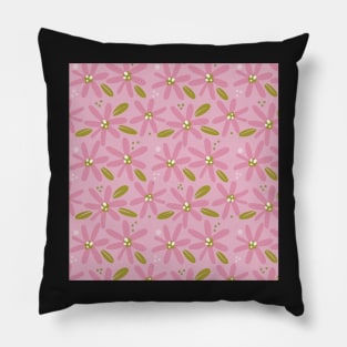 Cute pink abstract flowers and green leaves in a fun playful flowerpower pattern Pillow