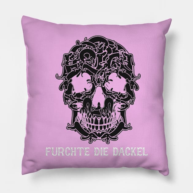 Dachshund Skull Black (white tagline) Pillow by Long-N-Short-Shop