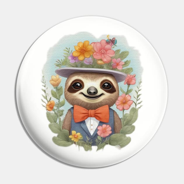 cute little sloth wearing a hat and a bow tie Pin by JnS Merch Store