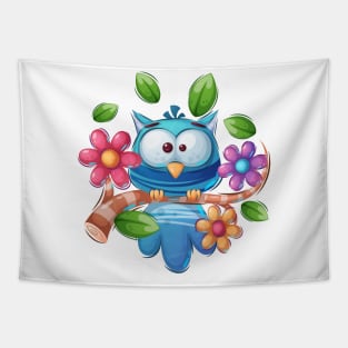 Blue Owl Bird cartoon design concept art Tapestry