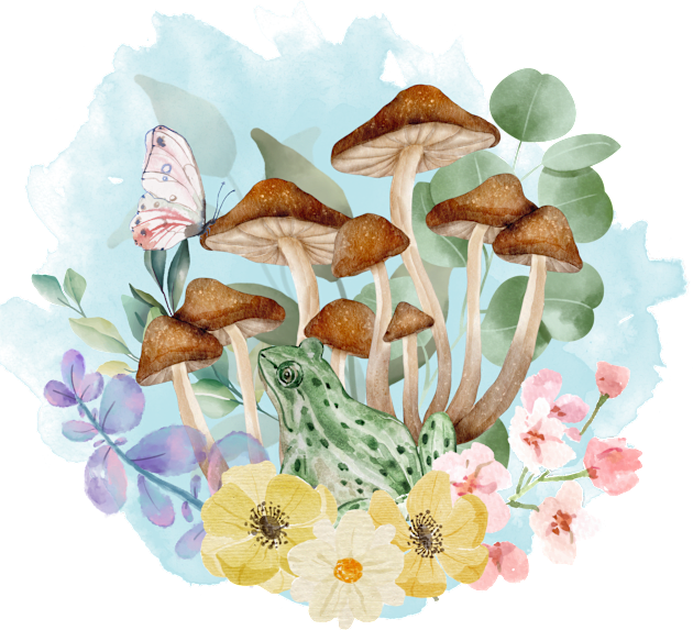 Watercolor Mushroom and Frog Botanical Graphic Tee Kids T-Shirt by Blue Raccoon Creative