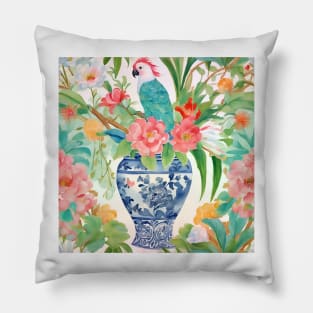 Parrot and chinoiserie jar watercolor painting Pillow