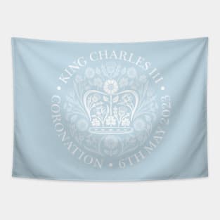 King Charles III Official Coronation Emblem white on dark blue Tapestry