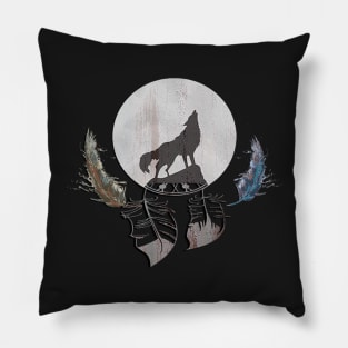 Cool Wolf Howling at Moon Graphic Design Feather Southwestern Dream Catcher Pillow