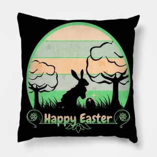 Happy Easter Bunny Retro Sunset Badge Minty Green Edition Pillow