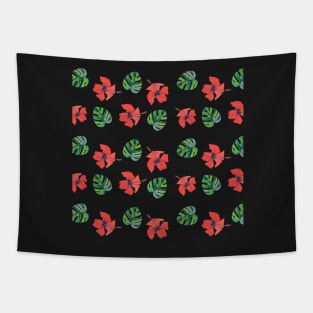 Red Hibiscus and Monstera Pattern with a white background Tapestry