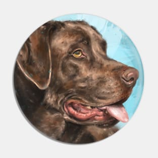 Painting of a Chocolate Labrador with Its Tongue Out, Blue Background Pin