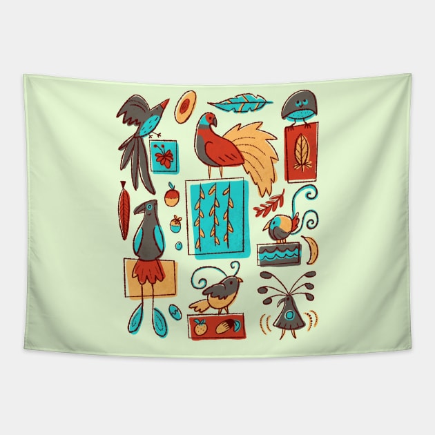 Retro 1950s Birds of Paradise Illustration Pattern Tapestry by narwhalwall