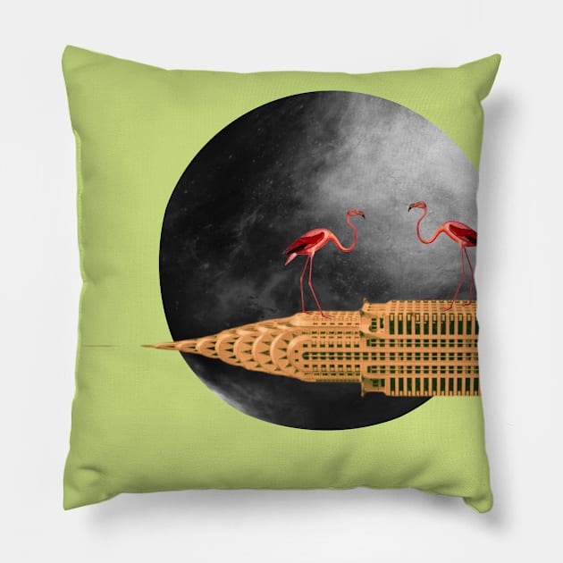 Chrysler building the night of the flamingo lovers' dance Pillow by Cachaldora