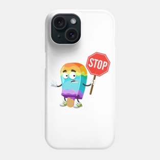 cartoon rainbow colors ice cream on a stick mascot with tablet stop in hand Phone Case