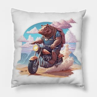 Hippo riding a motorcycle in the desert Pillow