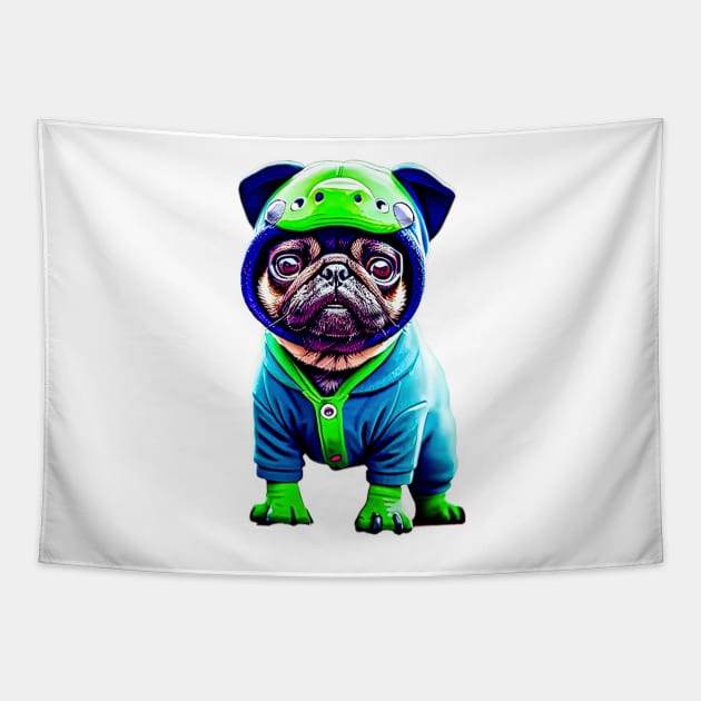 Cute Pug Dinosaur Costume - Adorable Pug in Dino Outfit Tapestry by fur-niche