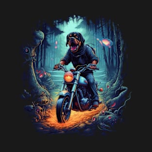 A mystical t-shirt design featuring a Rottweiler Dog on a motorcycle T-Shirt