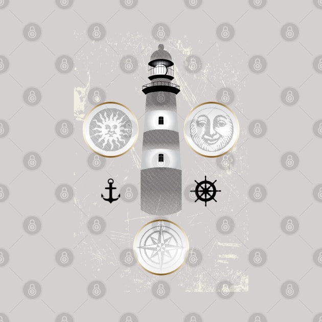 Nautical illustration of sun, moon and lighthouse in retro stamp design by schtroumpf2510