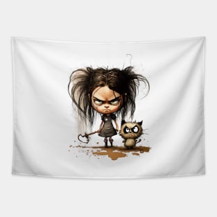 Angry Girl with Angry Cat Tapestry