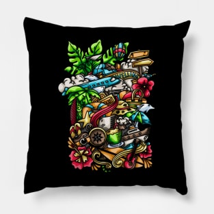 Travelling Doodle Illustration Pillow