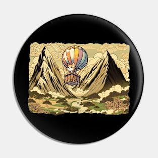 Vintage Japanese Art Mountain Sports Hot Air Balloon Cat Pin