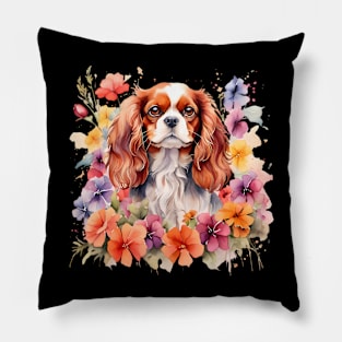 A cavalier king charles spaniel decorated with beautiful watercolor flowers Pillow