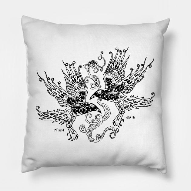 Huginn and Muninn ravens Pillow by Heidi Vilkman Designs