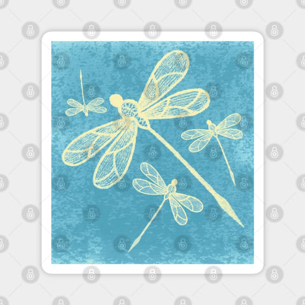 Abstract dragonflies in yellow on textured blue Magnet by hereswendy